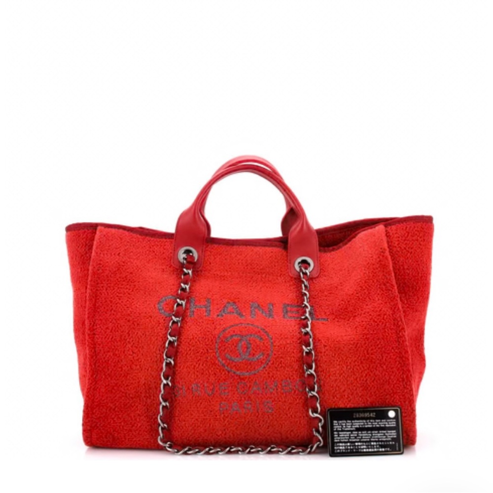 Chanel Red Deauville Tote Bag with Silver Chain Straps